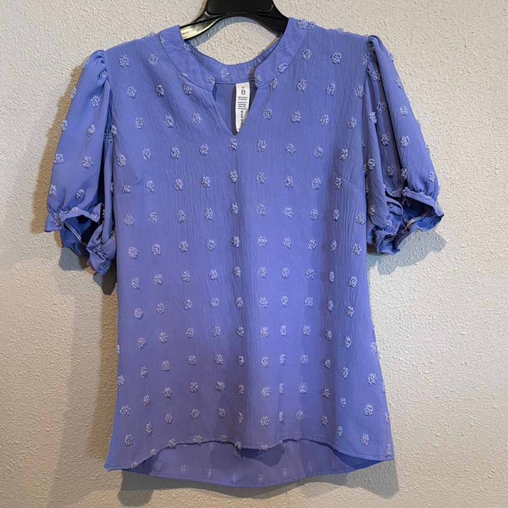 Periwinkle Blouse with Puff Sleeves and Mandarin Collar